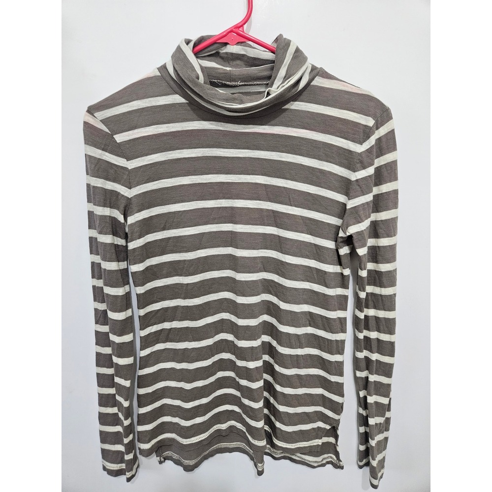 Madewell Womens‎ XS Striped Turtleneck Long Sleeve Cotton Tee Taupe White